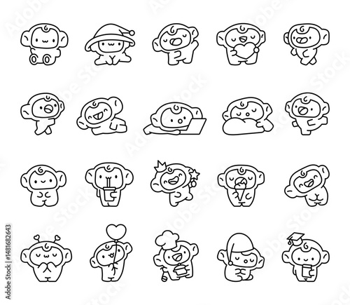 Charming blue monkey character set enjoying fun activities like sitting, sleeping, dancing, studying, celebrating holidays and holding adorable magical and tasty objects