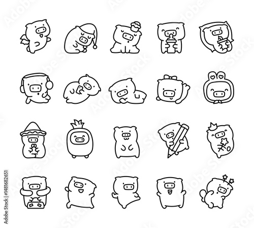 Little pig character set enjoying various activities and charming moments like relaxing, drinking, dancing, dressing up, holding magical items and sleeping peacefully for yours projects