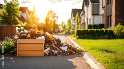 Discarded waste and debris piled up on the road in a suburban neighborhood needing cleaning service soon.