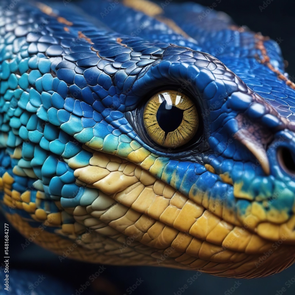 Fototapeta premium Striking close-up of a blue viper snake's head with vibrant colors, fangs, deadly