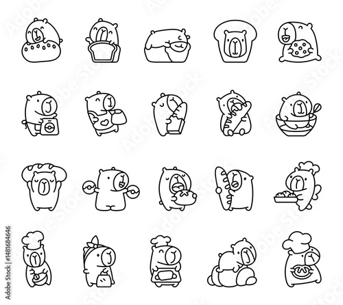 Capybara baking character set featuring adorable food scenes with bread, toast, cookies, baguettes, donuts and joyful kitchen moments for yours illustration and creative designs projects