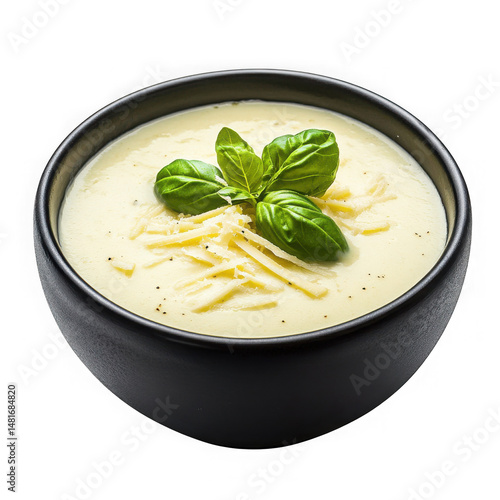 creamy soup in black bowl  