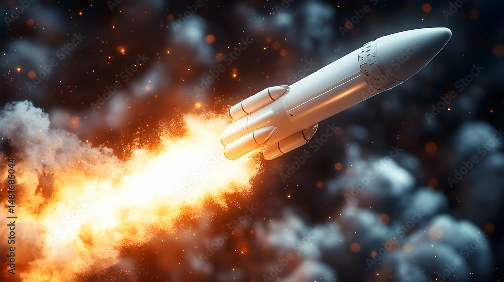 Fototapeta premium A sleek, white rocket ascends, leaving a fiery trail of smoke and exhaust against a dark, starry backdrop