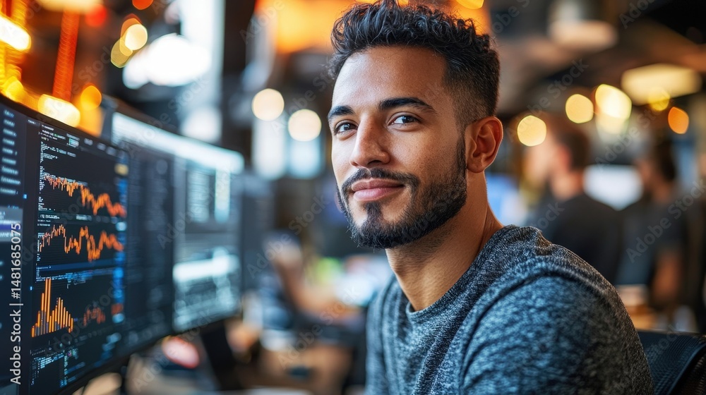 A man seated at a workstation looking confidently at the camera. A man seated at a workstation looking confidently at the camera.