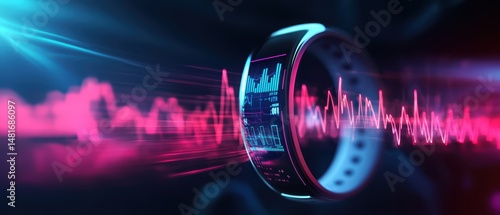Fitness tracker monitoring heartbeat with futuristic data streams, smart wearable device, health tech innovation