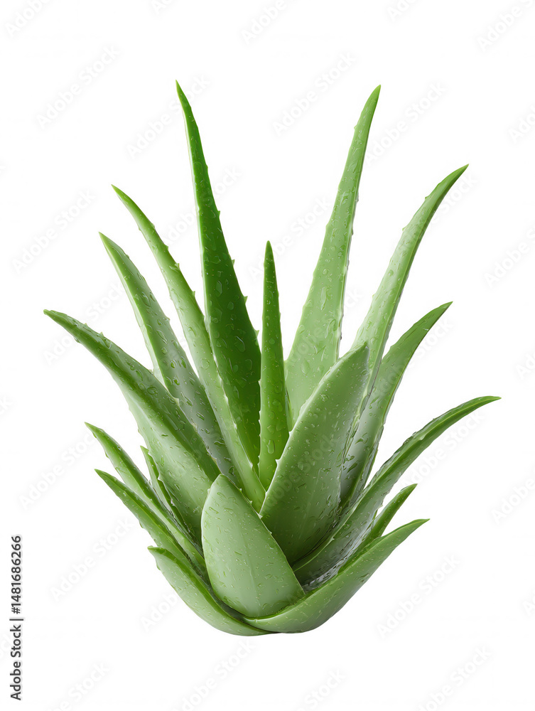 Obraz premium Fresh aloe vera plant with green leaves, glistening with water droplets, is isolated against a clean white background, showcasing its natural beauty and texture.