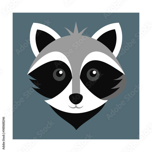 Adorable cartoon raccoon face isolated on a teal blue background with white border design