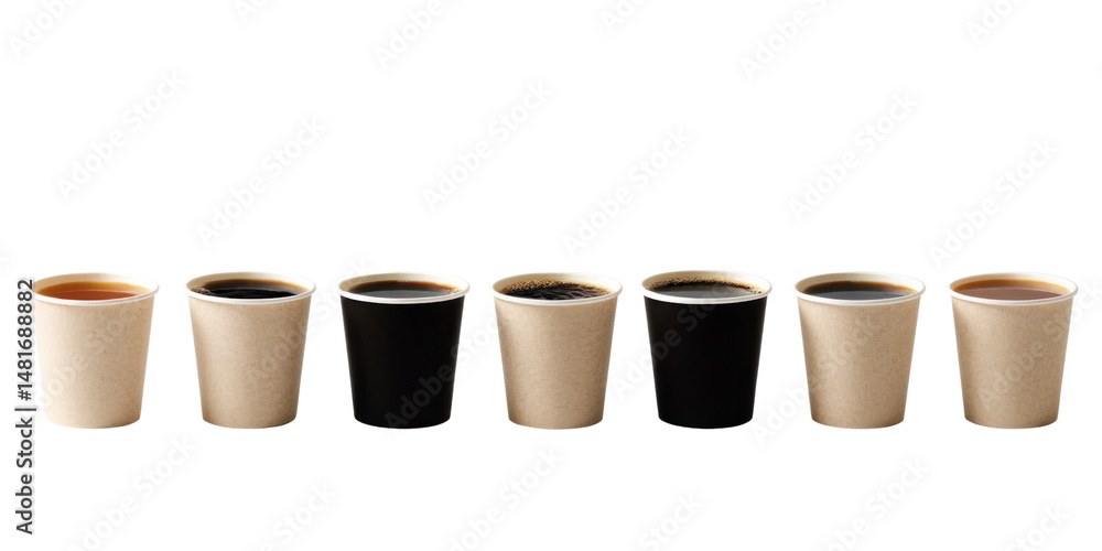 Coffee tasting variations: A captivating display showcases a series of small paper cups arranged in a neat row. Each cup holds a unique coffee sample. Coffee tasting variations: A captivating display showcases a series of small paper cups arranged in a neat row. Each cup holds a unique coffee sample.