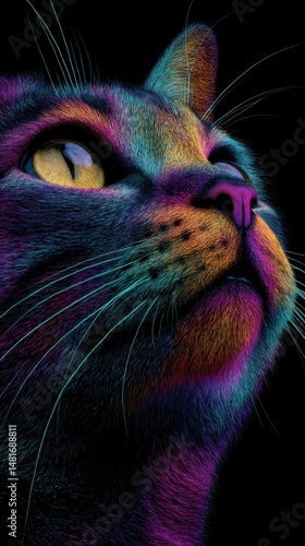 Colorful close-up of a cat with vibrant fur under dramatic lighting enhances unique features and expression