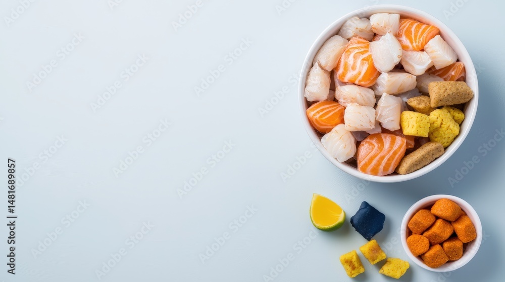 Bowl filled with raw seafood including salmon, scallops, tamagoyaki, and roe rests next to a smaller bowl on a light blue background in a top down shot. Bowl filled with raw seafood including salmon, scallops, tamagoyaki, and roe rests next to a smaller bowl on a light blue background in a top down shot.