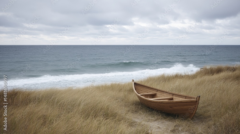 Naklejka premium An aged wooden rowboat lies on a grassy shore beside a calm grey sea, with overcast clouds dominating the sky and soft winds brushing the tall grass