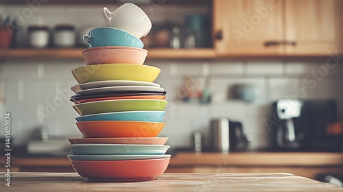 Colorful stack of dishes on kitchen countertop.