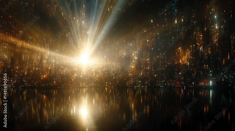 Naklejka premium Urban City Lights Reflected in Water at Night