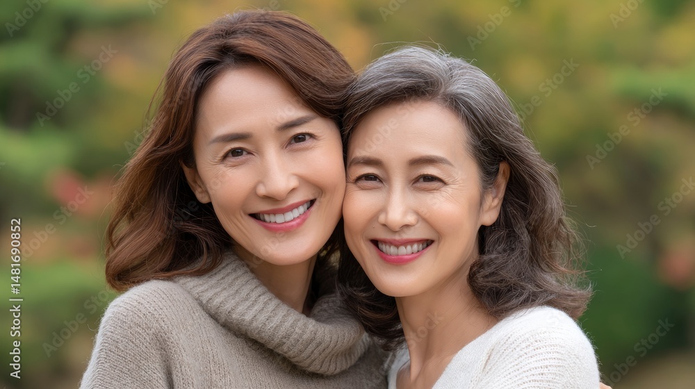 Fototapeta premium Two Asian Women Smiling and Embracing in Outdoor Setting