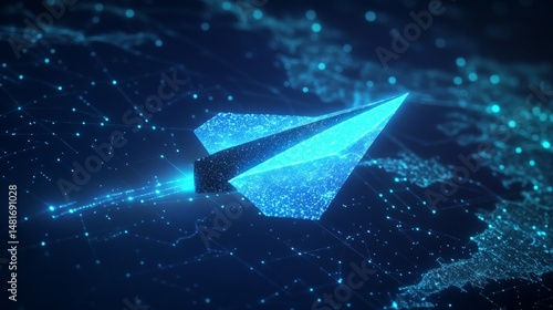 Glowing paper airplane over digital world map on dark blue background