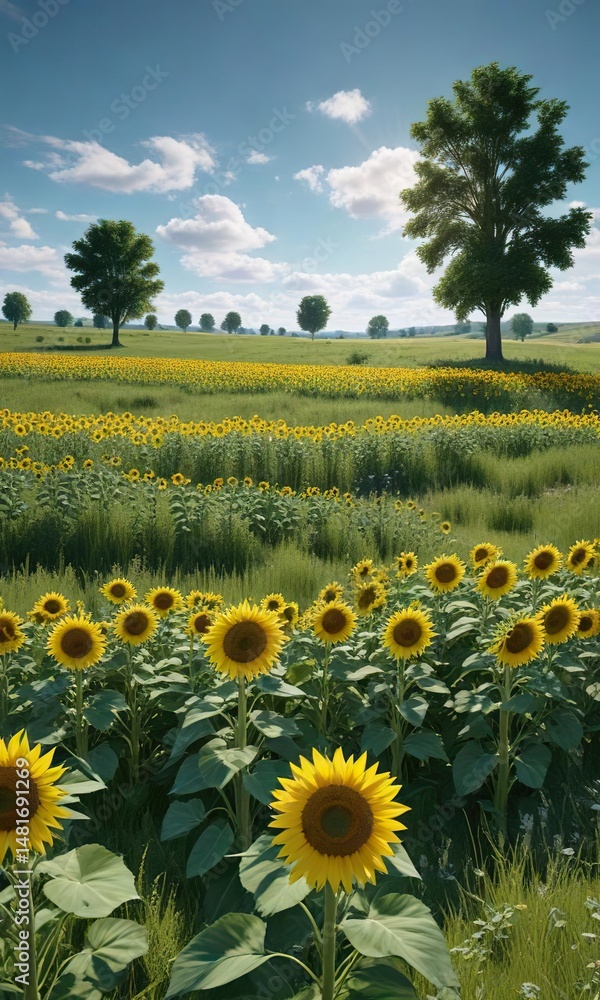 Fototapeta premium Sunflowers in a vast green meadow with few trees and a blue sky above, sunny, sunflowers