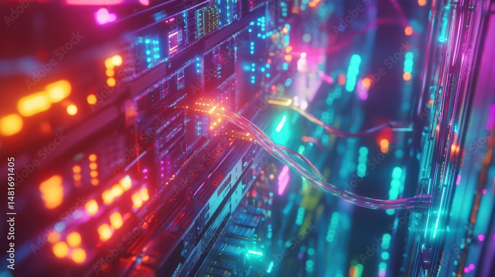 Transparent servers connected by vibrant fiber optic streams, enterprise data networking, digital infrastructure concept Transparent servers connected by vibrant fiber optic streams, enterprise data networking, digital infrastructure concept