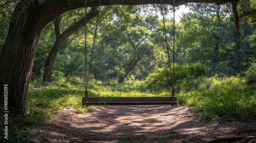 Tranquil swing set nestled within a sunlit forest path.