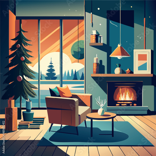 Vector illustration of a room with a fireplace during the Christmas period