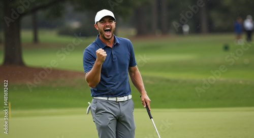 Male golfer celebrating successful putt with enthusiastic fist pump. Professional player in polo shirt and cap showing victory emotion. spectators in background. Sport achievement