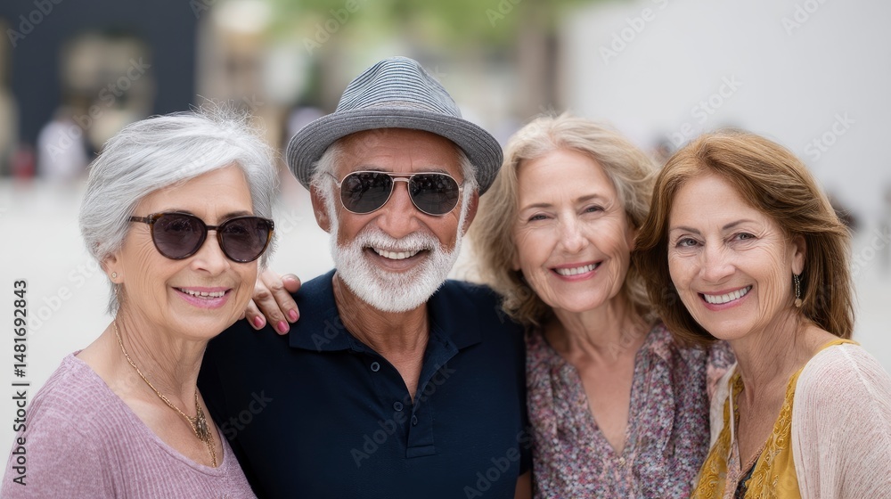 Smiling Senior Friends Posing Outdoors Together in Sunlight Smiling Senior Friends Posing Outdoors Together in Sunlight