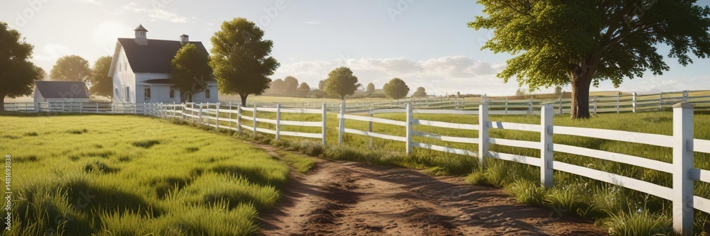 Fototapeta premium Sunny day on a farm with a white wooden fence dividing pastures, split rail, green grass, sunny, countryside landscape