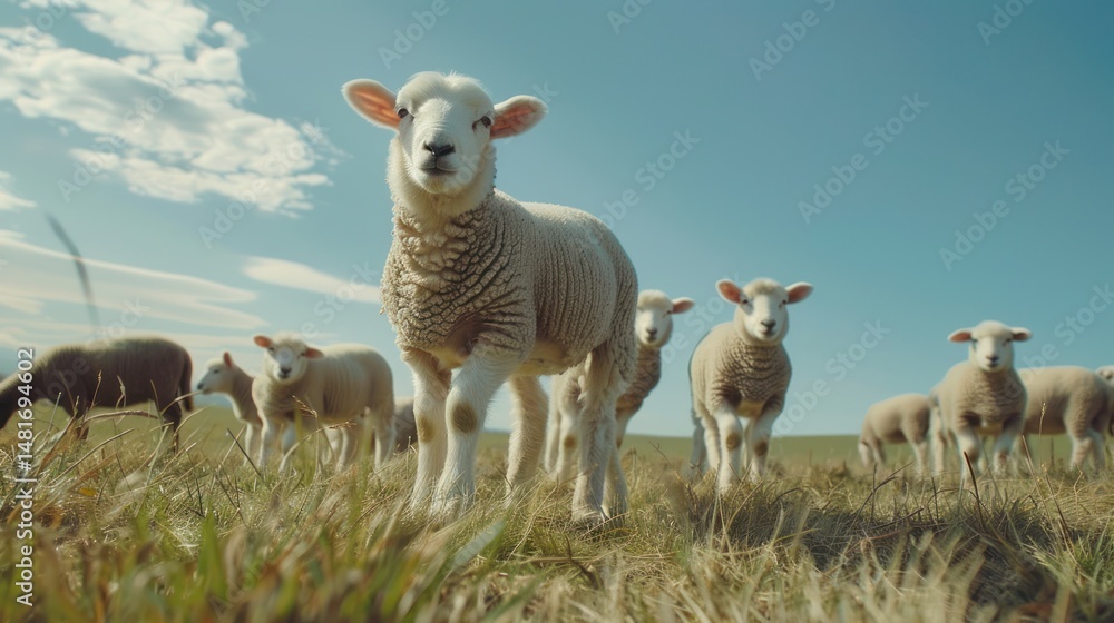 Fototapeta premium Cute lambs in grassy field