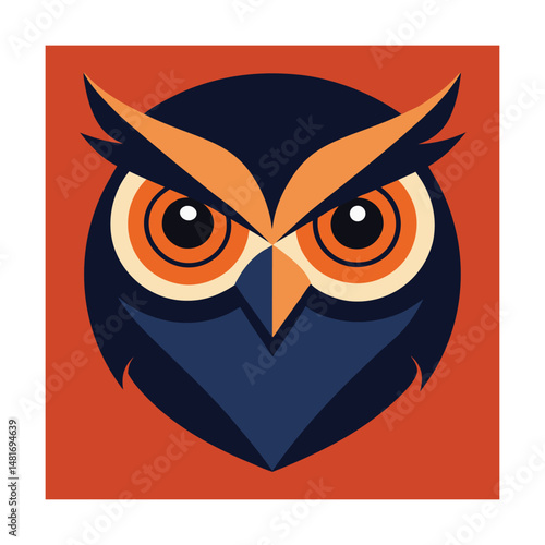 Flat design illustration of an owl's face with large orange eyes and vibrant colors