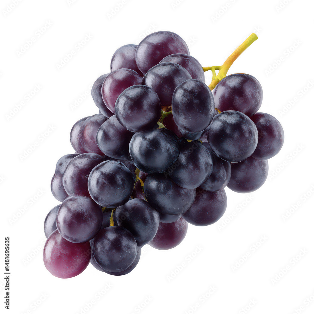 Fototapeta premium A vibrant bunch of fresh, juicy dark purple grapes with a green stem are beautifully isolated on a clean white background, creating a simple and elegant presentation.