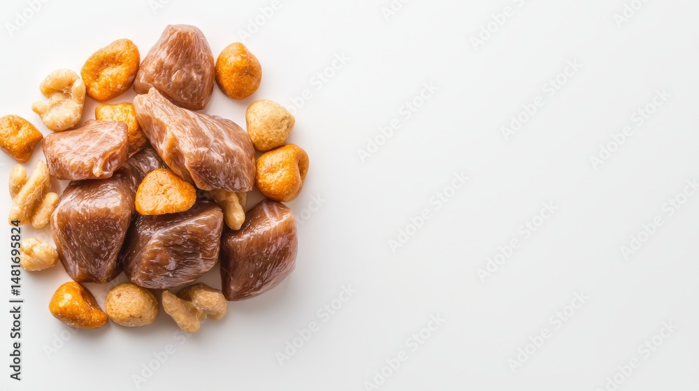 Obraz premium A close-up presents a pile of mochi rice cakes and seasoned nuts arranged on a clean white surface, inviting thoughts of snacking and oriental food treats.
