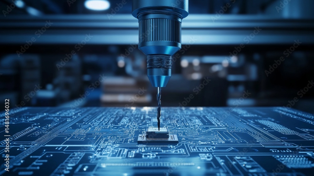 Precision drilling: high tech drilling machine working on a complex printed circuit board design with blue tones Precision drilling: high tech drilling machine working on a complex printed circuit board design with blue tones