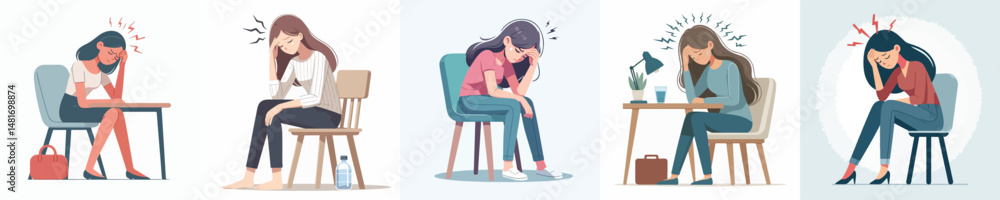 Vector of a woman sitting and having a headacheVector of a woman sitting and having a headache Vector of a woman sitting and having a headacheVector of a woman sitting and having a headache
