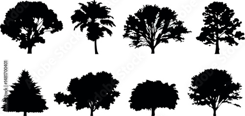 Black pine tree row — vector silhouette creating a peaceful nature vibe.