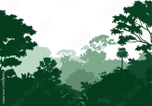 Green forest tree silhouettes set against a nature and park landscape in an isolated vector style.