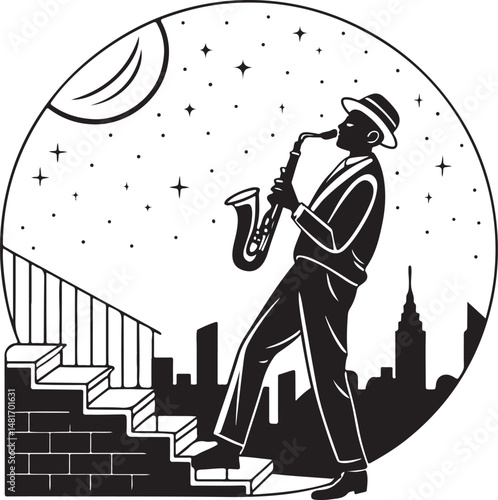 Jazz Musician Playing Saxophone Under Moonlight in Urban Night Scene