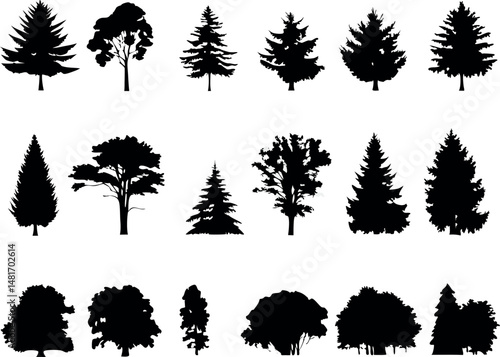 Simple black pine tree icons — vector forest collection on white backdrop.