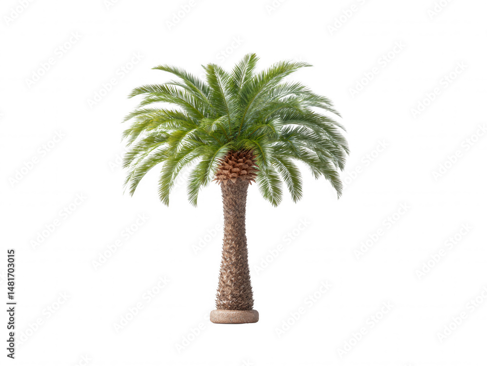 Obraz premium A single, beautiful, green palm tree stands prominently against a stark white background, showcasing its textured trunk and vibrant fronds in exquisite detail.