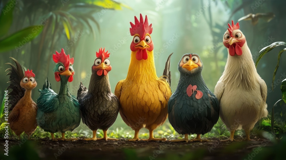 Fototapeta premium Whimsical line-up of animated chickens in a lush tropical forest environment