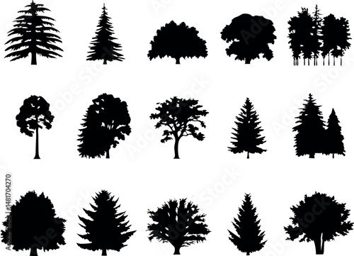 Woodland tree silhouette collection — pine shapes for wild nature concepts.