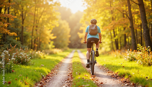 Young cyclist enjoying scenic nature trail in autumn light, exploration