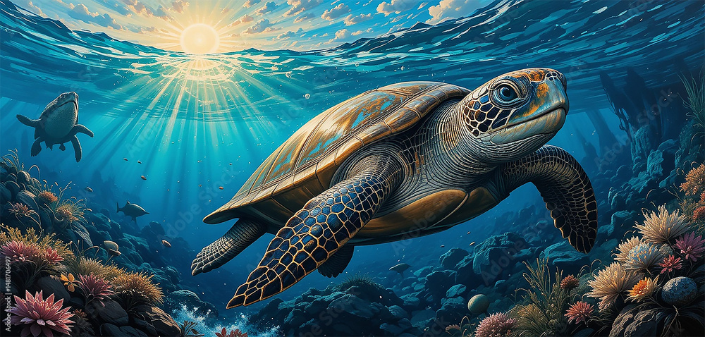 Fototapeta premium A vibrant underwater scene featuring a sea turtle gliding gracefully through clear blue water. Sunlight streams down from the surface, illuminating the ocean floor, which is adorned with various color