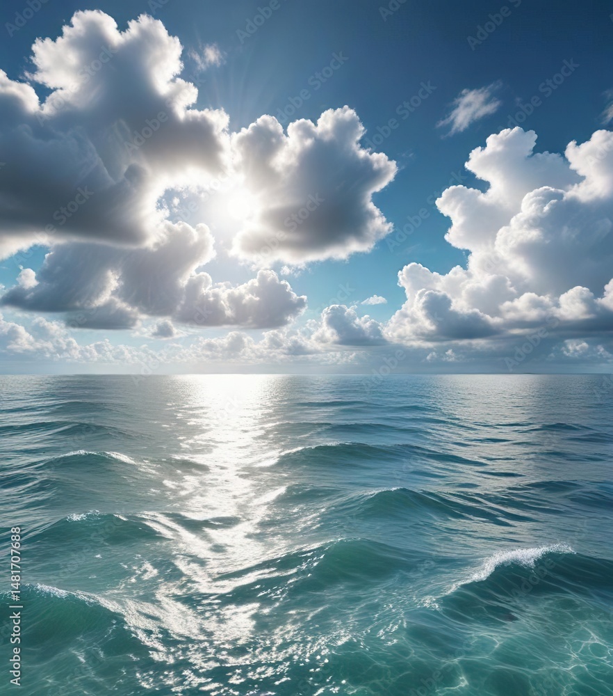 Obraz premium Tranquil ocean landscape with fluffy white clouds, peaceful scene, maritime