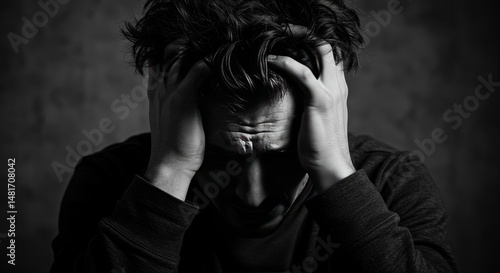 Photo: Portrait Sad Man Holding Head In Hands