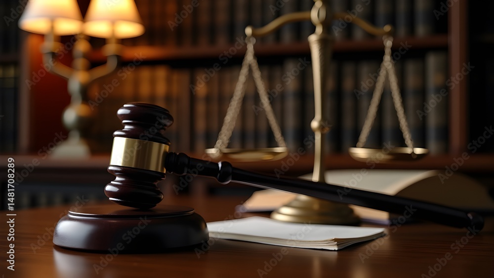 Close-Up of Wooden Gavel and Brass Scales of Justice on Mahogany Desk
Close-Up of Wooden Gavel and Brass Scales of Justice on Mahogany Desk