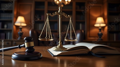 Dramatic Lawyer’s Office with Law Book, Scales of Justice, and Wooden Gavel

