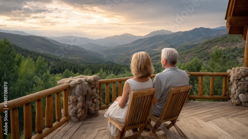 Couple Relaxing on Cabin Porch Enjoying Mountain View