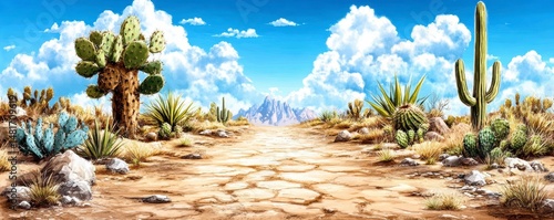 Desert Landscape Majestic Cacti and Mountains under a Sunny Sky