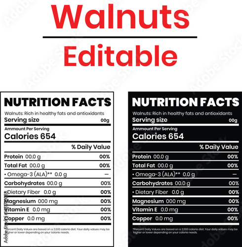 Nutrition Facts of Walnuts, Nutrition Level, Supplement Fact, Supplement Level Isolated on White and Black Background