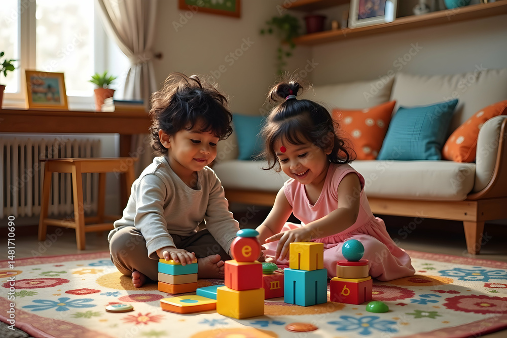 Fototapeta premium Charming Delight, Two Indian Children Joyfully Playing with Colorful Wooden Blocks in a Cozy and Bright Living Room Creating Childhood Memories Together