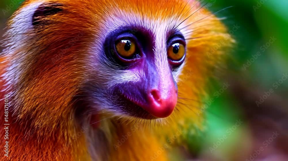 Adorable monkey with golden fur, vibrant purple face, and captivating amber eyes gazing directly into the camera lens in lush tropical jungle. Adorable monkey with golden fur, vibrant purple face, and captivating amber eyes gazing directly into the camera lens in lush tropical jungle.